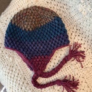 Hand crochet ski hat multi colored with ear flaps
